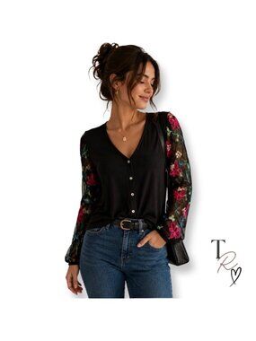 Kim & Cami Embroidered Mesh Floral Sleeve Button Front Blouse Cardigan Small